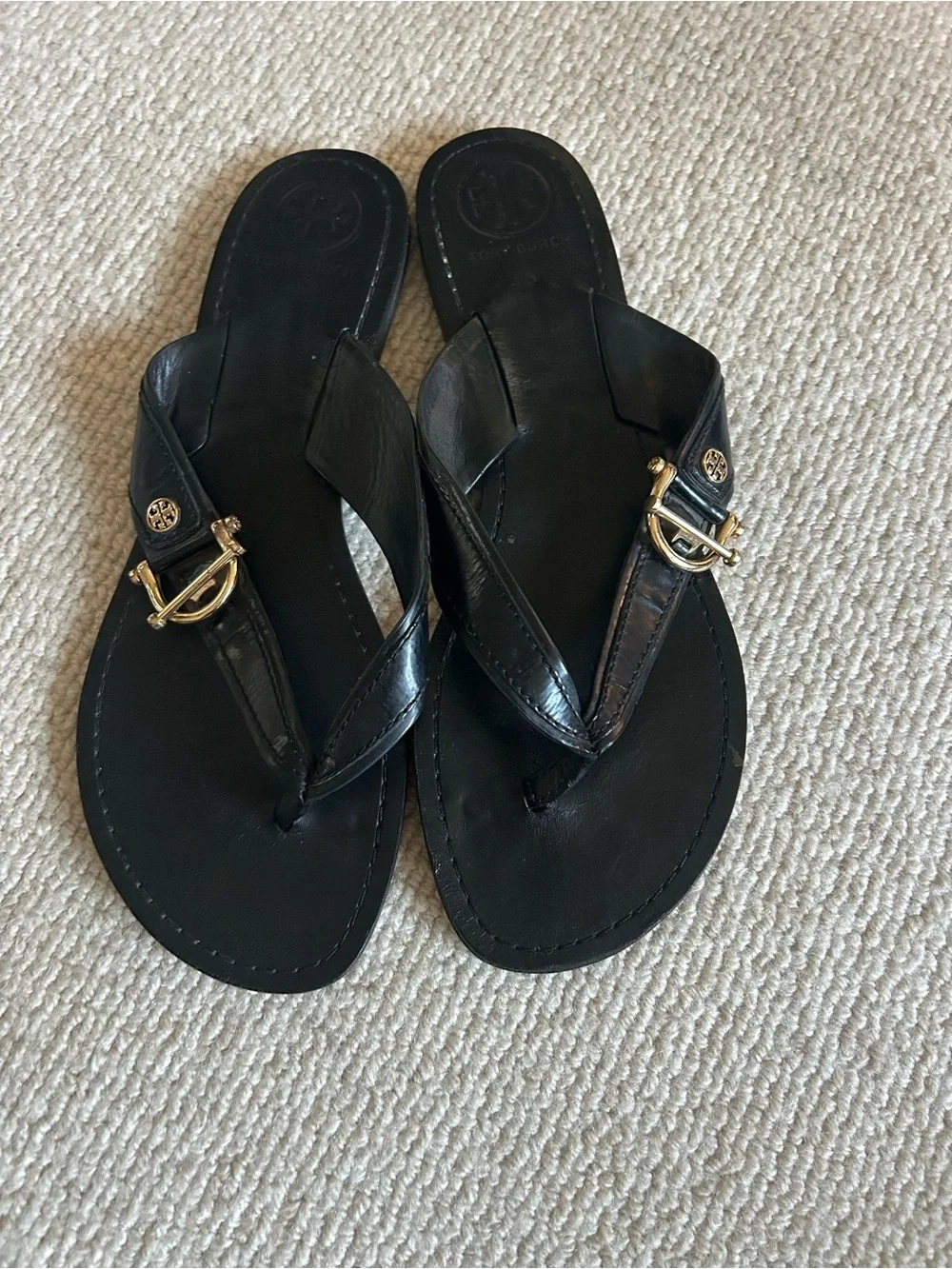Tory Burch Black Patent Leather Thong Sandals with Gold Accent